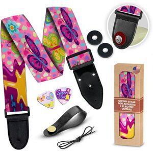 Pink woven guitar strap adjustable acoustic electric bass strap with picks set